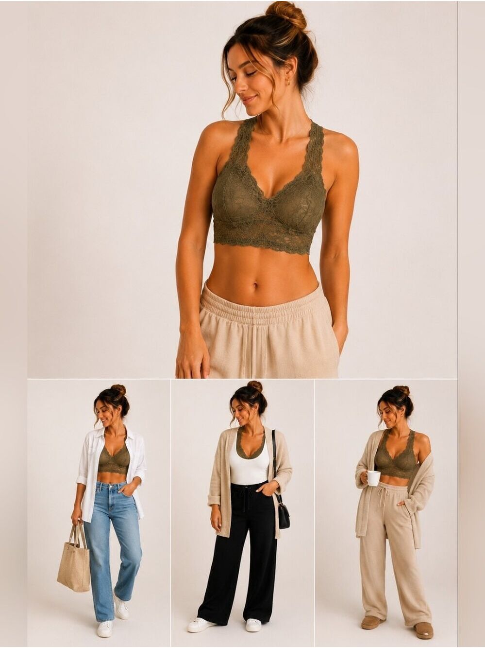 💚 ZENANA Lace Olive Green Racerback Bralette | Boho Chic Everyday Essential - Picture 1 of 7